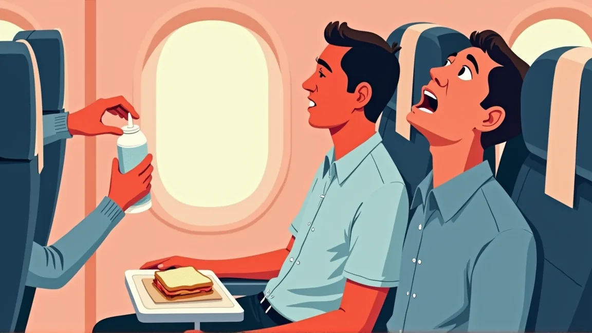 「あれはマヨネーズのレーザービームだった」飛行機でボトルのふたを開けた瞬間、隣の男性と通路の向こうまで届いた白い一本線