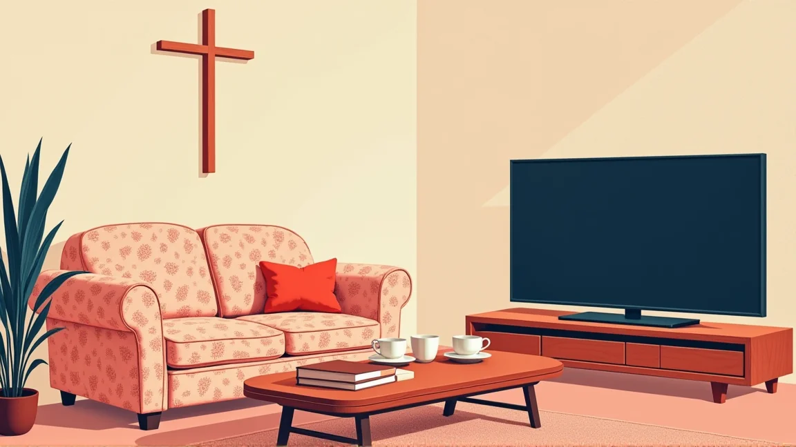 十字架の掛かった居間と、画面の消えた大きなテレビ