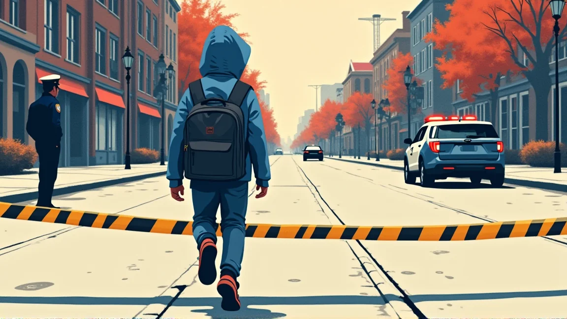 規制線の先へ走っていく通学中の子どもと、よそを向いた警官のイラスト