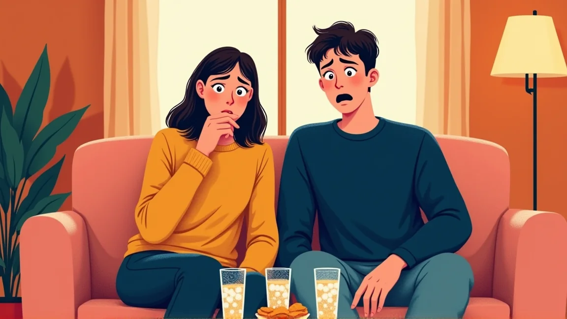 ソファに並んだ夫婦が驚いた顔でこちらを見ている。手前にグラスが3つ